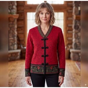 VTG Y2K Icelandic‎ Design Cardigan Sweater Women S Red Frog Closure Cotton